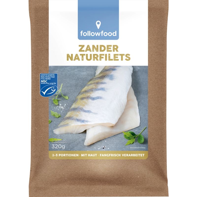 followfood 3-5 MSC Zander Filets mit Haut, wenig Gräten, portioniert, einzeln tiefgefroren mit Wasserschutzglasur, fangfrisch verarbeitet. - Produktbild
