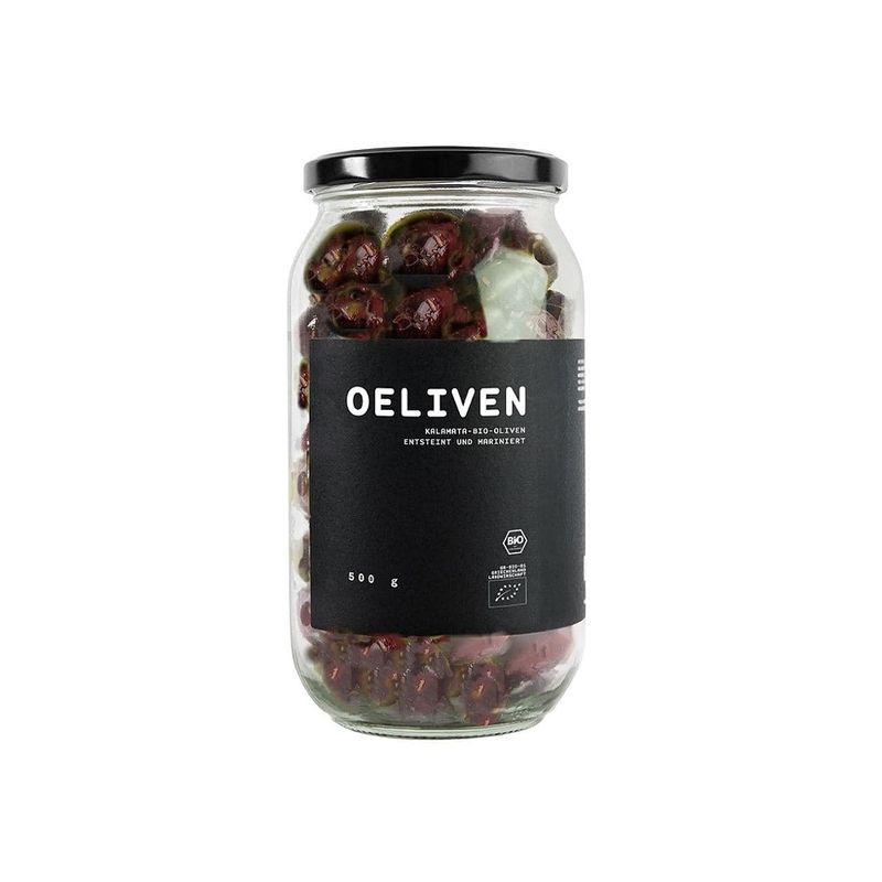 OEL  OELIVEN - biozertifizierte Kalamata-Oliven ( 100% ). Veredelt mit Olivenöl , Meersalz, Essig und Oregano - Produktbild