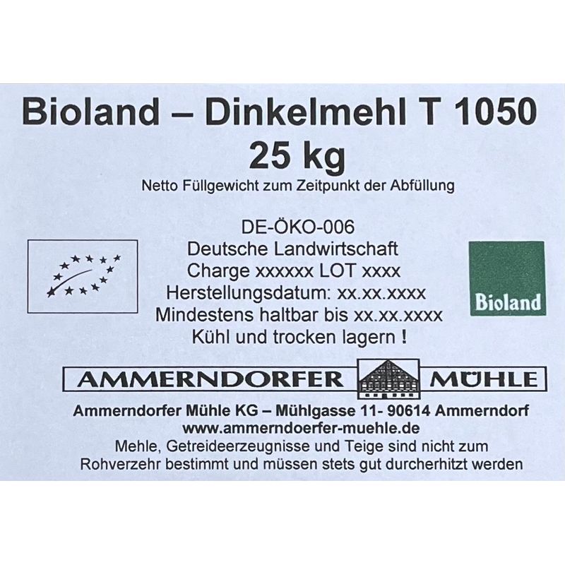 Ammerndorfer Mühle Bioland Dinkelmehl T 1050 25 kg - Produktbild
