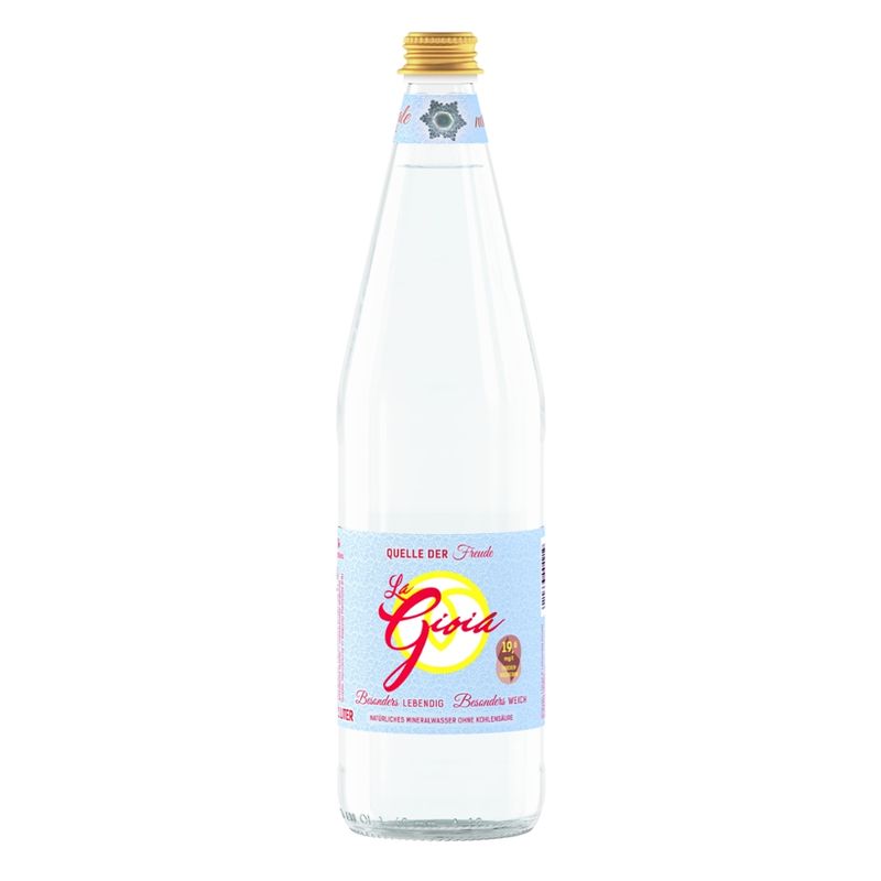 La Gioia La Gioia - Quelle der Freude, natürliches Mineralwasser, absolut leicht, nur 19,6 mg/l Trockenrückstand. Ohne Kohlensäure. Besonders lebendig, besonders weich. - Produktbild
