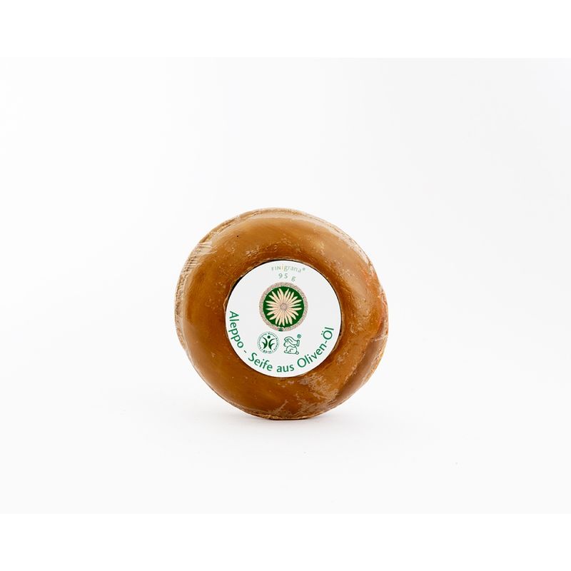 FINigrana® Naturkosmetik FINigrana Aleppo Olivenseife mit Weizenkeimöl,  95g rund, sehr milde Pflanzenseife für alle Hauttypen geeignet - Produktbild