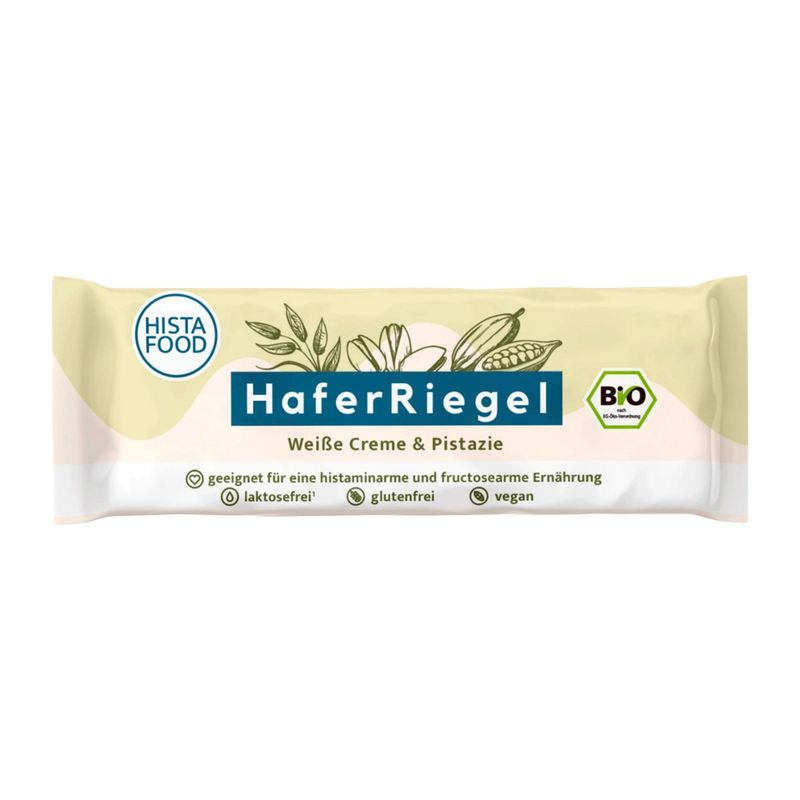 HistaFood HistaFood Bio HaferRiegel Weiße Creme & Pistazie, geeignet für eine histaminarme und fructosearme Ernährung, glutenfrei, laktosefrei, vegan, 100% natürlich - Produktbild