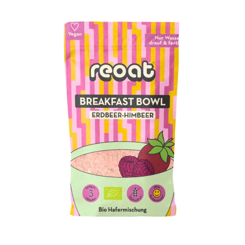 reoat reoat Bio Breakfast Bowl Erdbeer-Himbeer – Fruchtige Instant-Haferbowl ohne Kochen, Ballaststoffquelle mit Beeren & Datteln (Bio & Glutenfrei) - Produktbild