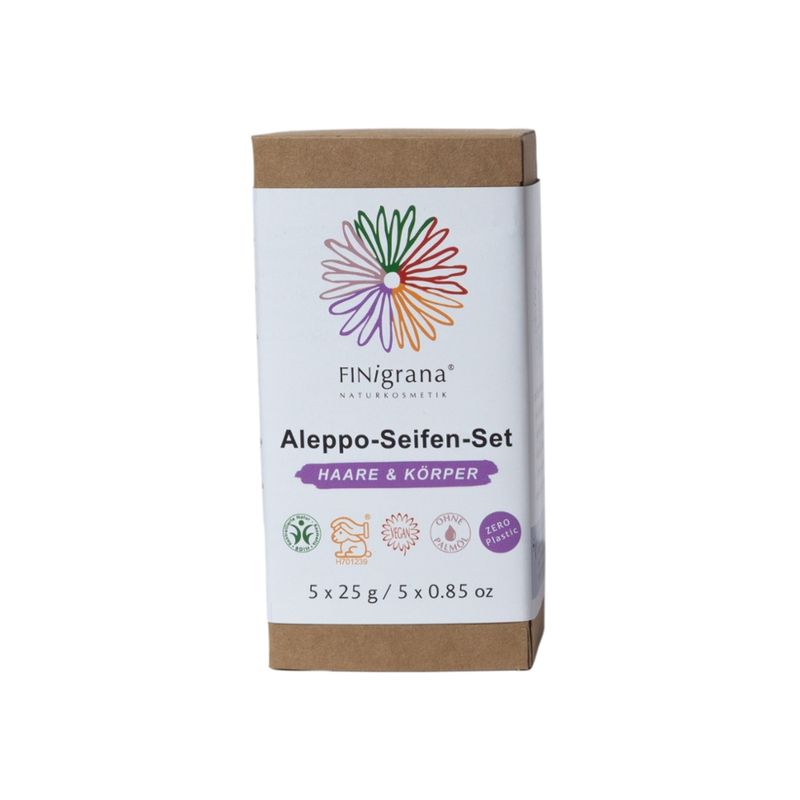 FINigrana® Naturkosmetik FINigrana Aleppo Seifen Set "Körper&Haare" 5x25g inkl. Baumwollbeutel - Produktbild