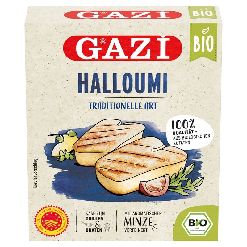 GAZi BIO GAZi BIO Halloumi Natur - Käse für Pfanne und Grill mind. 43% Fett i.Tr.  8x200g in Folie vakuumiert mit Umkarton - Produktbild