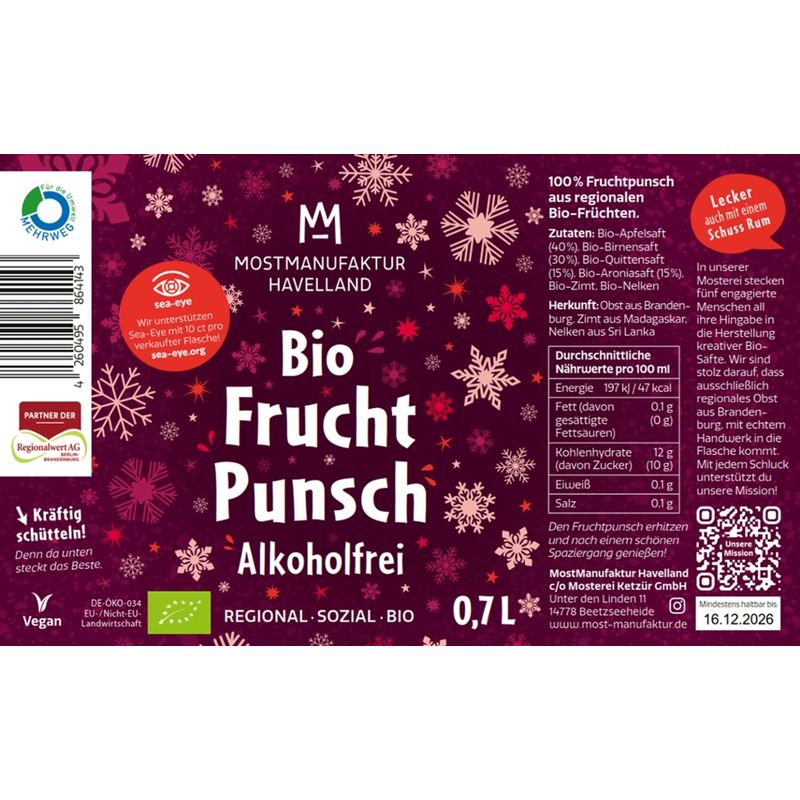 MostManufaktur Havelland Bio-Fruchtpunsch alkoholfrei rot - Produktbild
