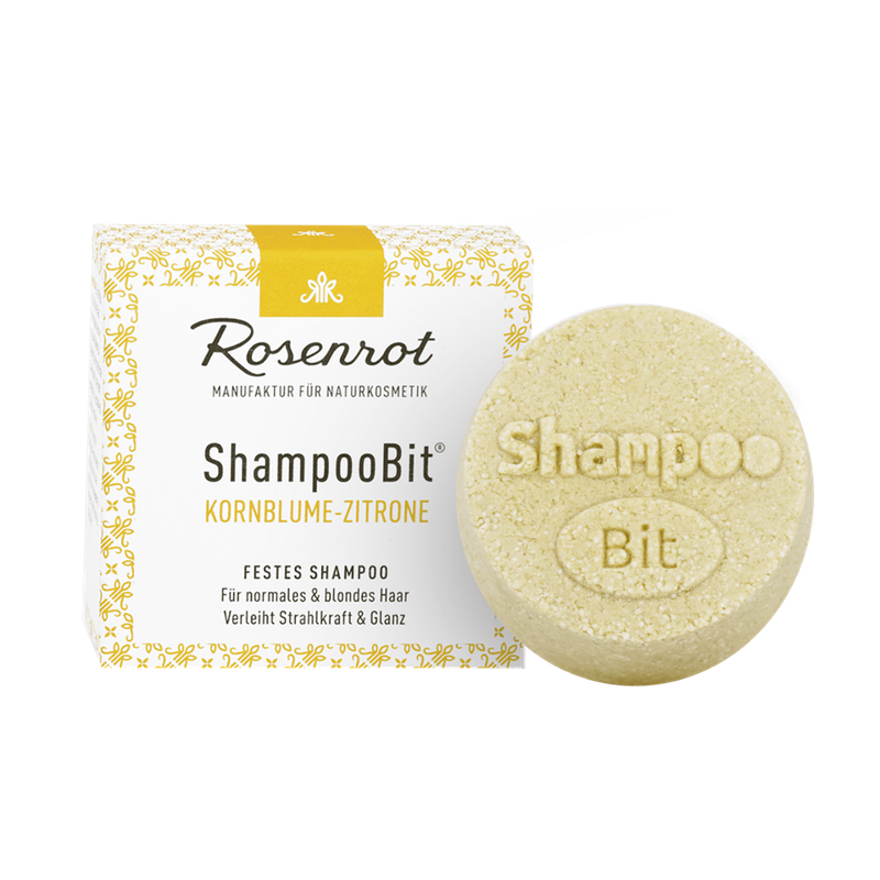 Rosenrot Naturkosmetik festes ShampooBit® Kornblume-Zitrone - 55g - in Schachtel - Dieses wunderbar frisch duftende feste Shampoo Kornblumen-Zitronen mit Kornblumenblütenextrakt und italienischem Zitronenöl, hellt blondes Haar sanft auf und lässt das Haar erstrahlen. - Produktbild