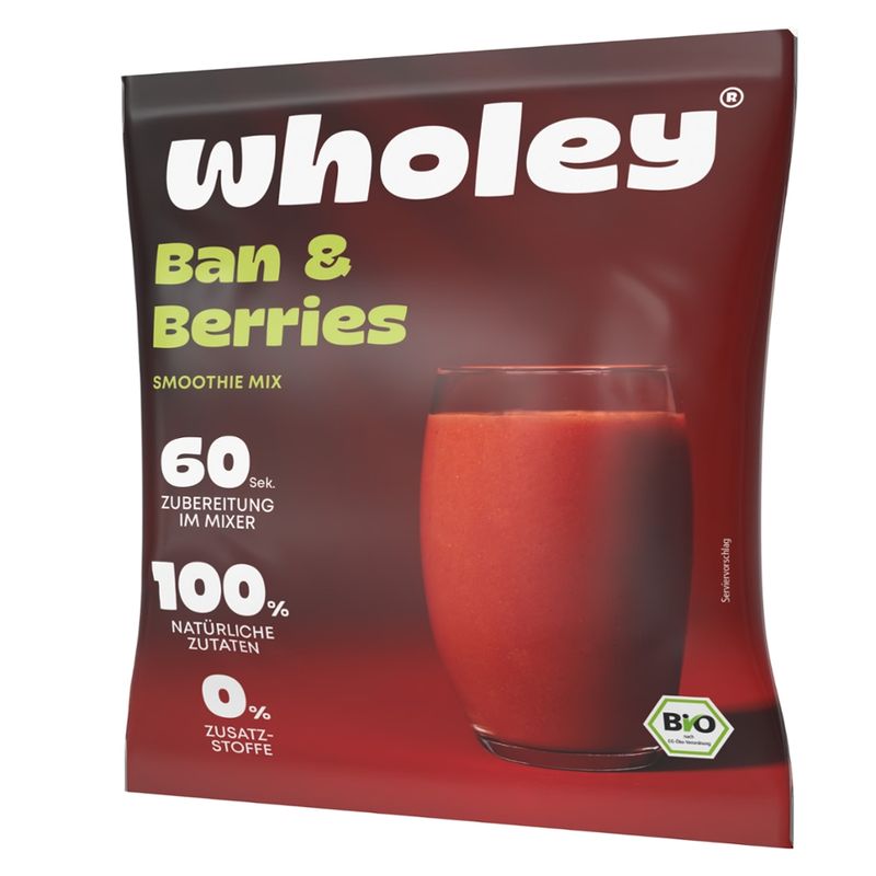 Wholey Wholey Ban & Berries ready-to-blend Smoothie aus schockgefrorenen Bio-Zutaten  100 % bio, vegan und glutenfrei - Produktbild