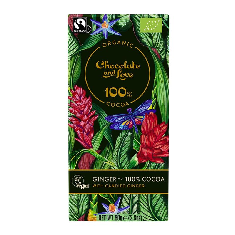 Chocolate and Love Limited Ginger - 80g bar - Organic/Fairtrade Cocoa with Candied Ginger - 100% cocoa - Produktbild