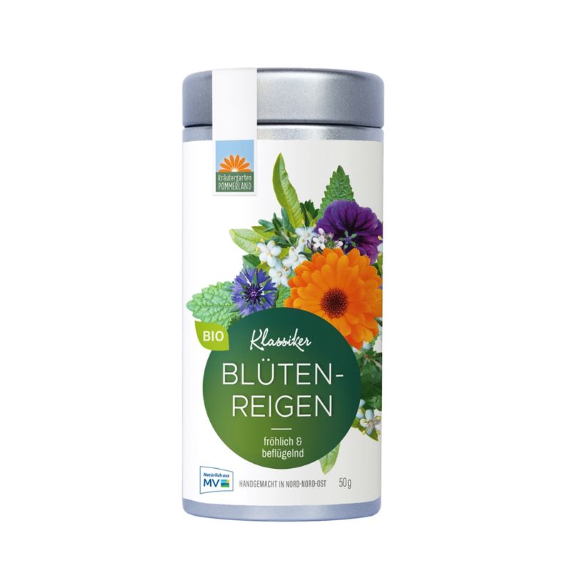 Kräutergarten Pommerland Blütenreigen,  bunter Bio-Frühstückstee in der Vorratsdose - Produktbild
