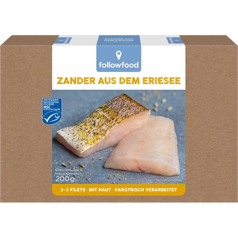 followfood 2–3 Amerikanische Zander Filets, mit Haut, portioniert, tiefgekühlt mit Wasserschutzglasur. Fangfrisch verarbeitet. - Produktbild