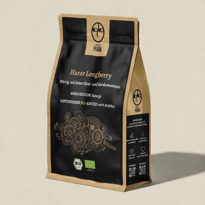 KAFFEE PURA Harar Longberry Kaffee, BIO & fair gehandelt, gemahlen, 100% Arabica, Äthiopien - Produktbild