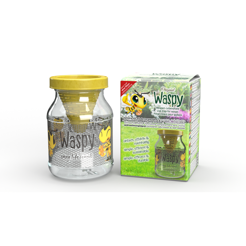 Waspy Waspy®, der Wespen-Retter - 100% nachhaltig produzierte Lebendfalle für Wespen. Wespen zuverlässig vom eigenen Tisch fernhalten - ohne chemische Lockmittel - 100% plastikfrei, spülmaschinengeeignet, immer wieder verwendbar. Einfach fangen & freilassen - Produktbild