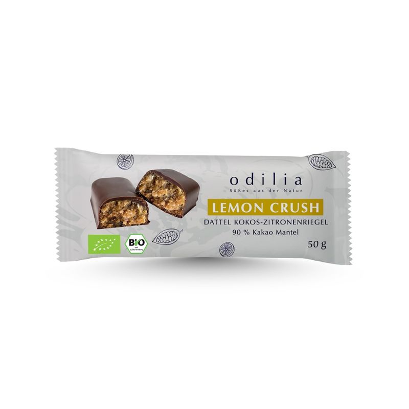 odilia Lemon Crush Bio Dattel-Kokos-Zitronen-Riegel – fruchtig-frischer Genuss mit Schokolade, 100 % Bio, vegan, glutenfrei, ohne Zuckerzusatz, gesüßt nur mit Datteln, handgemacht - Produktbild