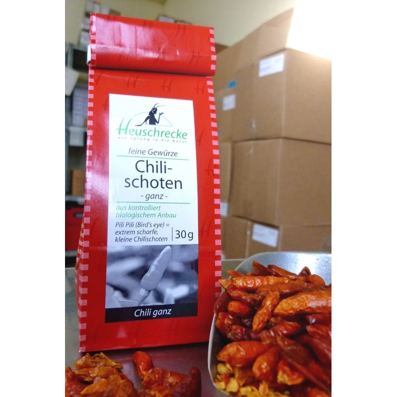 Heuschrecke Chili-Schoten, ganz, Bird's eye, sehr scharf. ca. 77-92' SHU, kbA - Produktbild