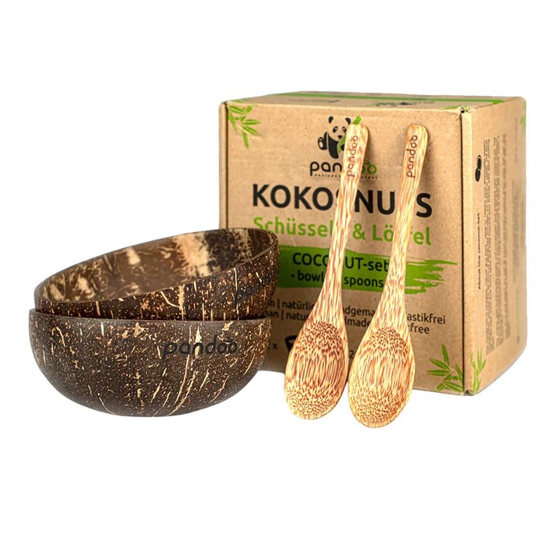 pandoo pandoo Kokosnuss-Set – zwei handgefertigte Schalen aus Kokosnussschalen mit passenden Löffeln, jedes Stück ein Unikat. - Produktbild