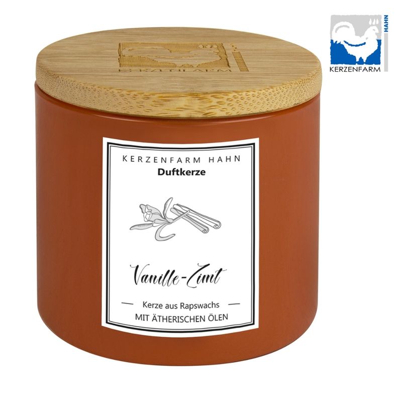 Kerzenfarm Hahn Von Hand gegossene Duftkerze im Glas, orange, befüllt mit  Rapswachs, mit natürlichen ätherischen Ölen beduftet.  Natürlicher Duft Vanille-Zimt - Produktbild