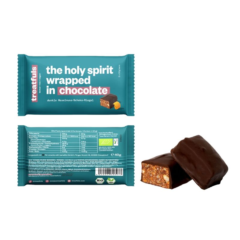 treatfuls treatfuls Bio dunkle Haselnuss- Riegel mit Zimt und dunklem Schokoladenüberzug-  the holy spirit wrapped in chocolate - Produktbild