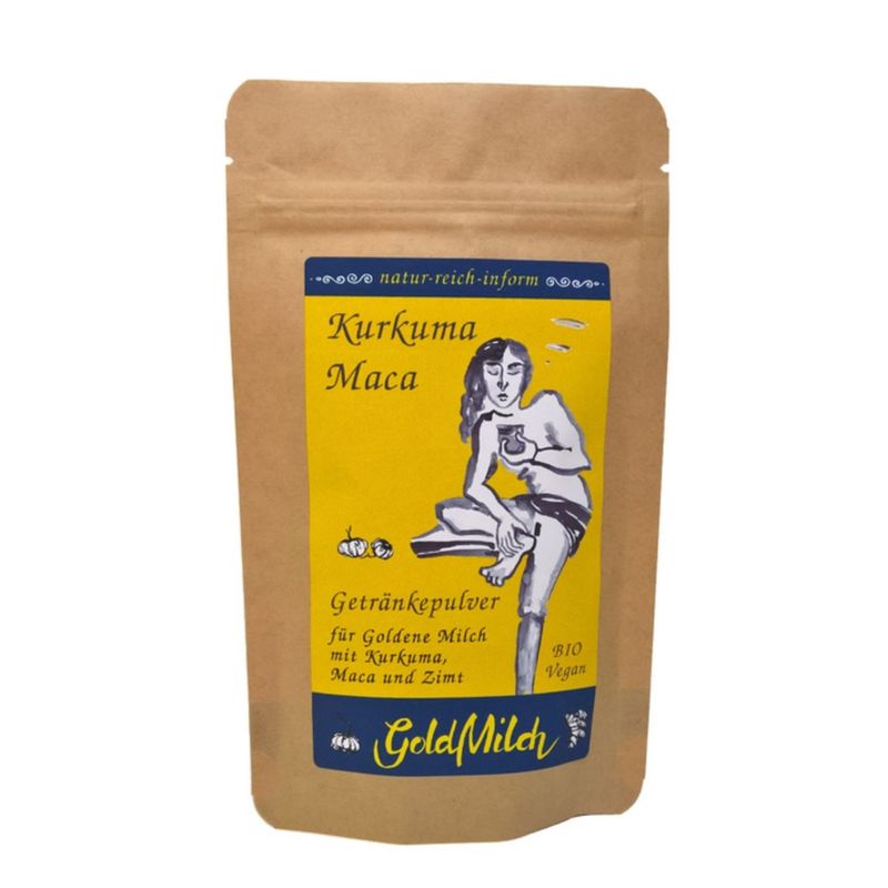 natur-reich-inform GoldMilch - Kurkuma Maca. Ein gewürztes Getränkepulver auf Basis von aromatischerm Kokosblütenzucker mit Kurkuma und Maca für Goldene Milch frei nach der indischen Ayurvedalehre. - Produktbild