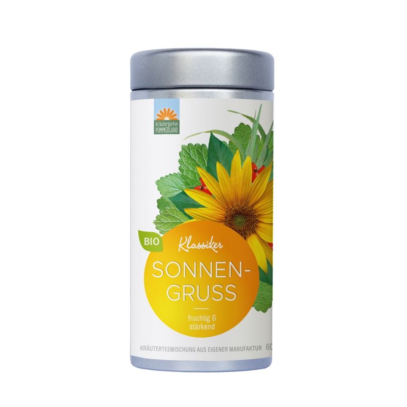 Kräutergarten Pommerland Sonnengruß, fruchtige Bio-Kräuterteemischung in der Vorratsdose - Produktbild