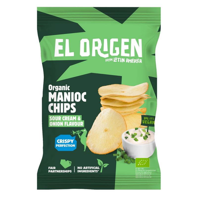 el origen el origen Bio Maniok Chips mit veganem Sour Cream & Onion Geschmack, 60 g – aus direct trade, bio-zertifiziert, vegan, ohne Palmöl, glutenfrei, ohne Zusätze. - Produktbild
