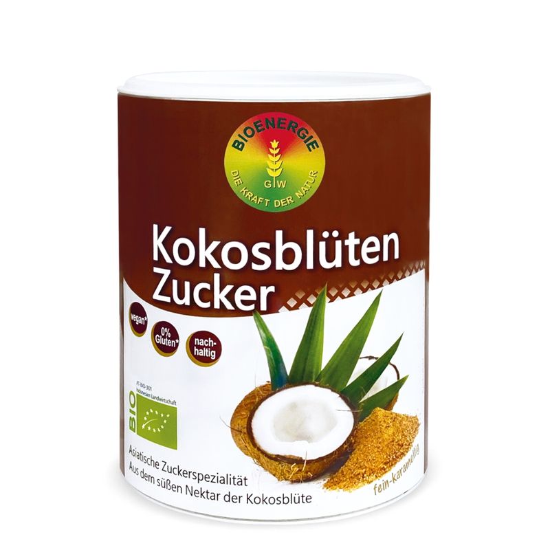 BIOENERGIE Bio KOKOSBLÜTENZUCKER, aus reinem Blütennektar von Kokospalmen, eine asiatische Zuckerspezialität, fein-karamelliges Aroma, enthält von Natur aus Kalium - Produktbild