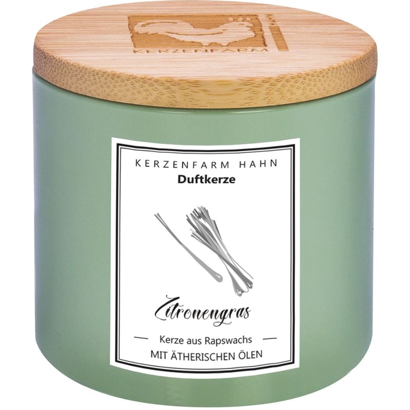 Kerzenfarm Hahn Duftkerze im Trendglas mit Holzdeckel, salbei, mit Rapswachs befüllt, Zitronengras - Produktbild