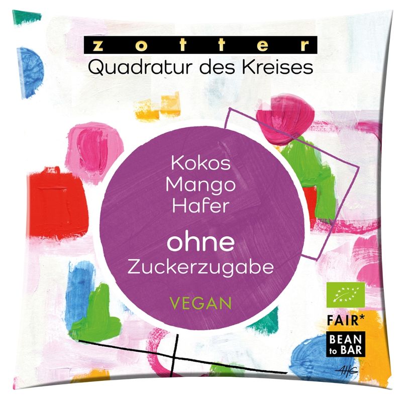 Zotter Schokolade Quadratur des Kreises - Kokos Mango Hafer, ohne Zuckerzugabe VEGAN - Produktbild
