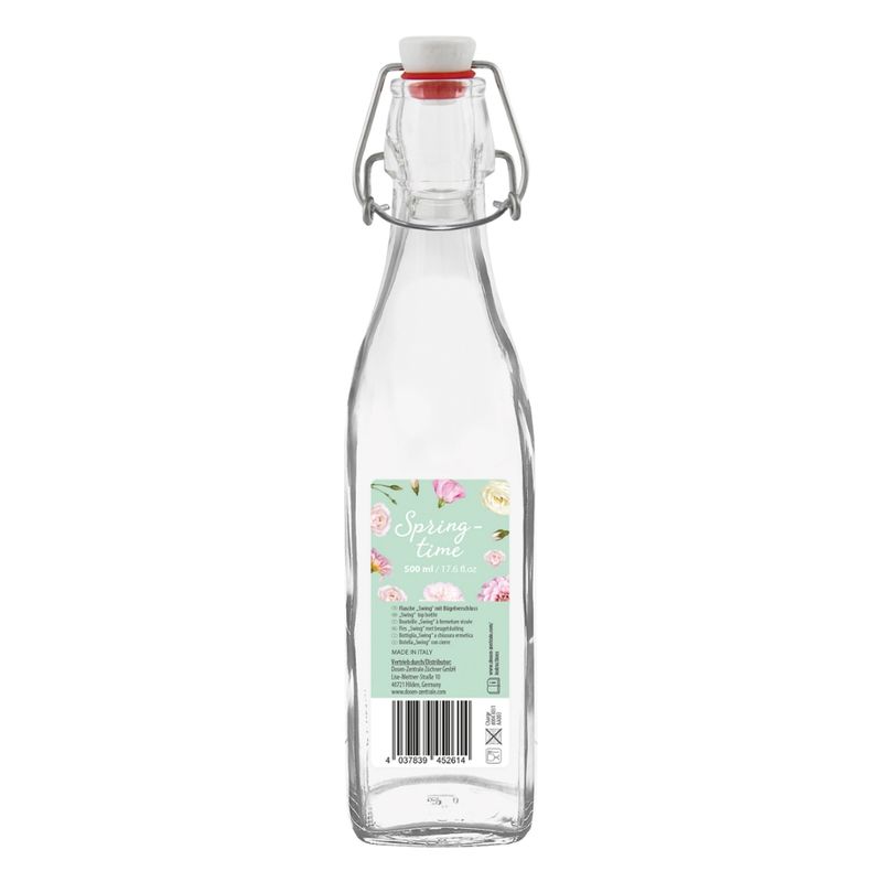 Dosen-Zentrale Züchner 500 ml Bügelflasche vierkant Swing Bott mit montiertem Bügelverschluss inkl. Anhänger "Springtime rosa" mit EAN-Auszeichnung - Produktbild
