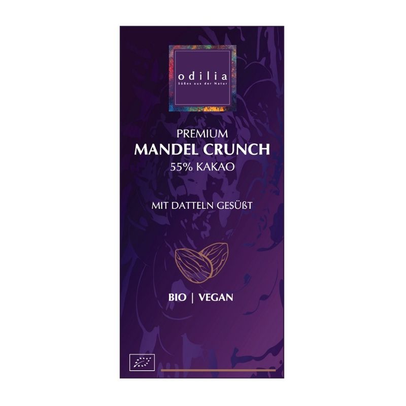 odilia Premium Mandel Crunch Schokolade. Süß ohne zugesetzten Zucker, dafür mit köstlichen Datteln gesüßt. Handgefertigt, bio, vegan, gluten- und laktosefrei - Produktbild