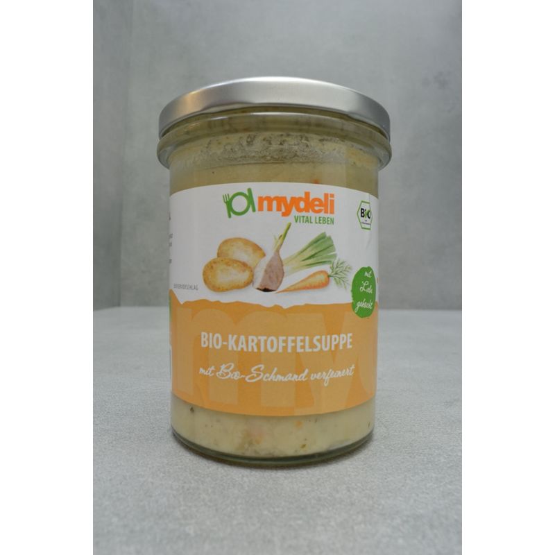 mydeli BIO Kartoffelsuppe mit Schmand (Beige eintopfartige Suppe mit sichtbaren Kartoffel und Gemüsestücken) - Produktbild