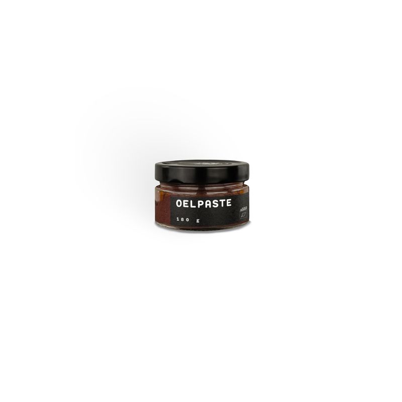 OEL  OELPASTE - sortenreine Paste aus biozertifizierten Kalamata-Oliven. Veredelt mit nativem sortenreinem selbsterzeugtem biozertifiziertem Koroneiki-Olivenöl extra,  feinem Salz, Knoblauch, Oregano und Essig. - Produktbild