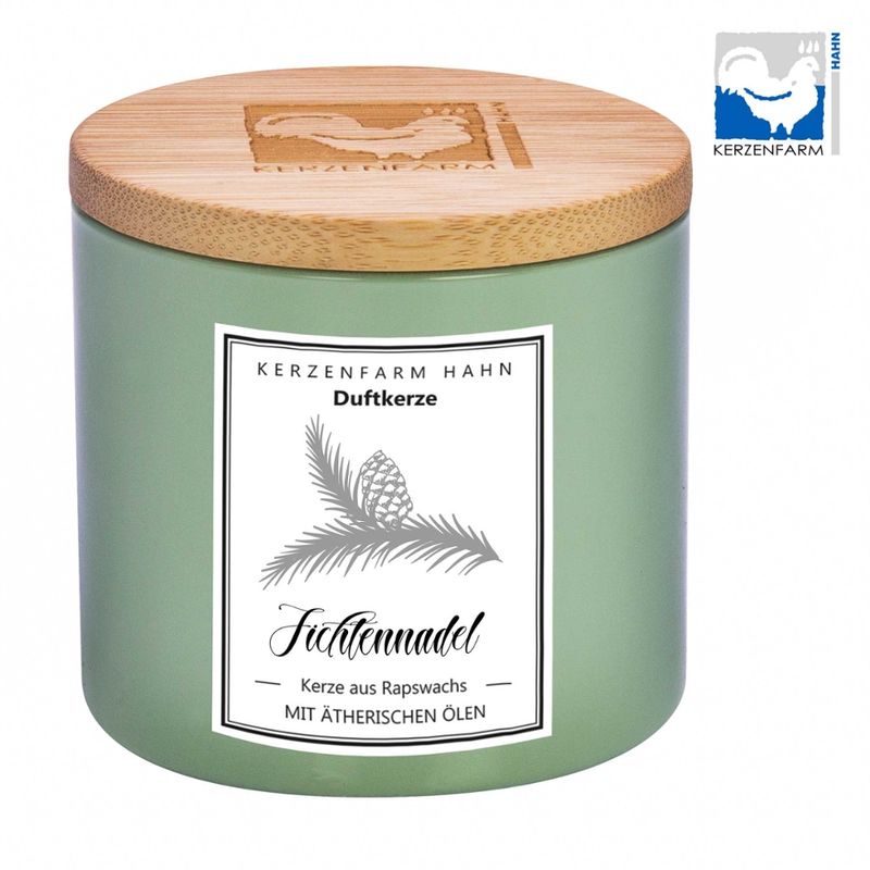 Kerzenfarm Hahn Duftkerze im Trendglas mit Holzdeckel , salbei, mit Rapswachs befüllt, Fichtennadelduft - Produktbild