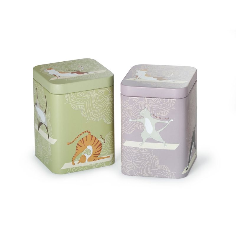 Cha Cult® Dose "Yoga Cats", 100 g, Weißblech, eckig, Stülpdeckel, matt, 2-fach sortiert,7,3 x 7,3 x 10 cm - Produktbild