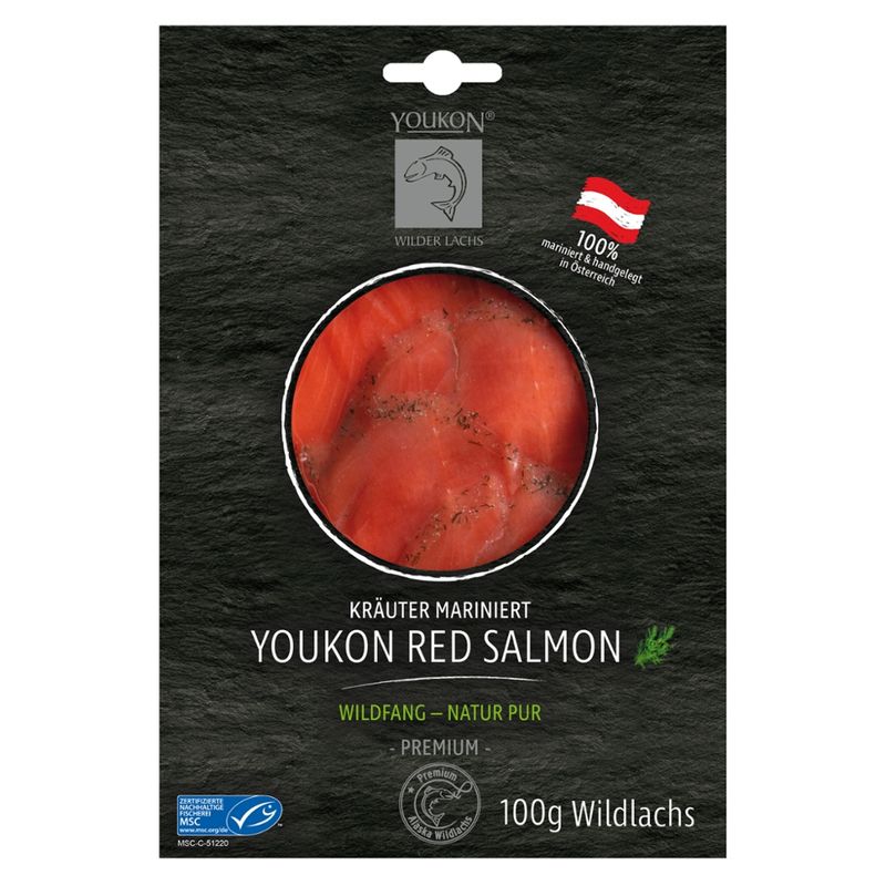 Youkon Wilder Lachs  Youkon Wildlachs Red Salmon gravad, 100g, Kräuter mariniert, Geschnitten, MSC zertifiziert - Produktbild