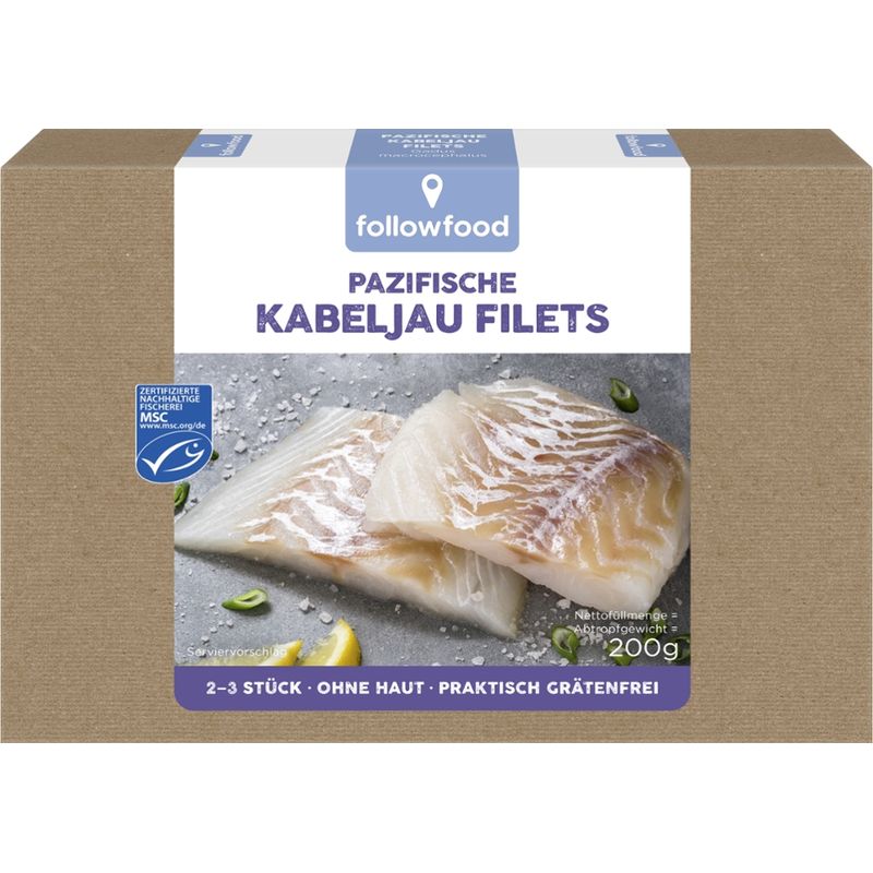 followfood 2-3 Kabeljau Filets, ohne Haut, praktisch grätenfrei, portioniert, tiefgekühlt mit Wasserschutzglasur. - Produktbild