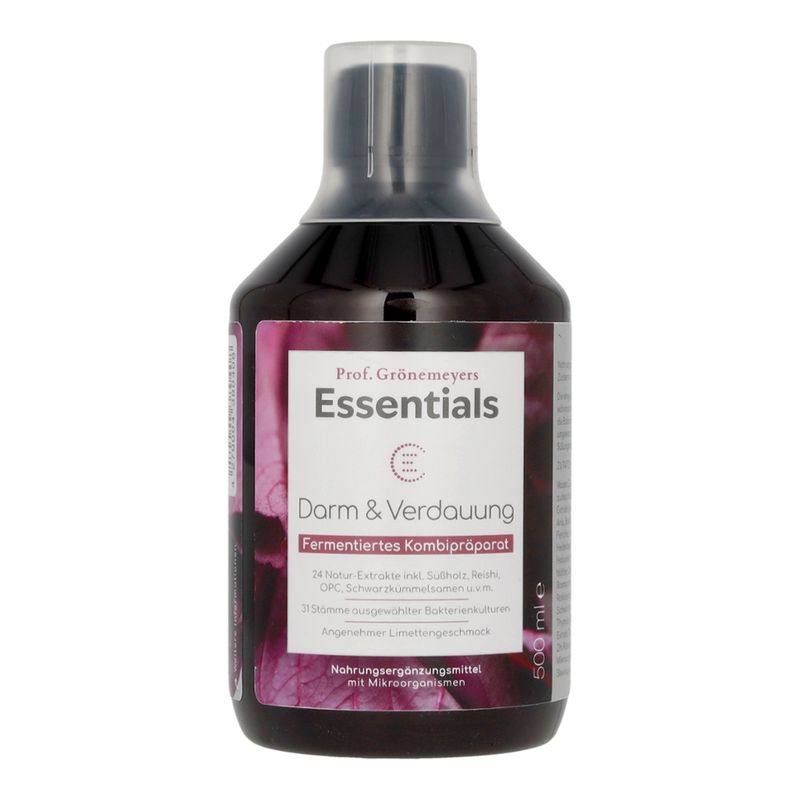 Prof. Grönemeyers Essentials Darm & Verdauung - Fermentiertes Kombipräparat - 24 Natur-Extrakte, 31 Stämme ausgewählter Bakterienstämme, Limettengeschmack - Nahrungsergänzungsmittel mit Mikroorganismen - Produktbild