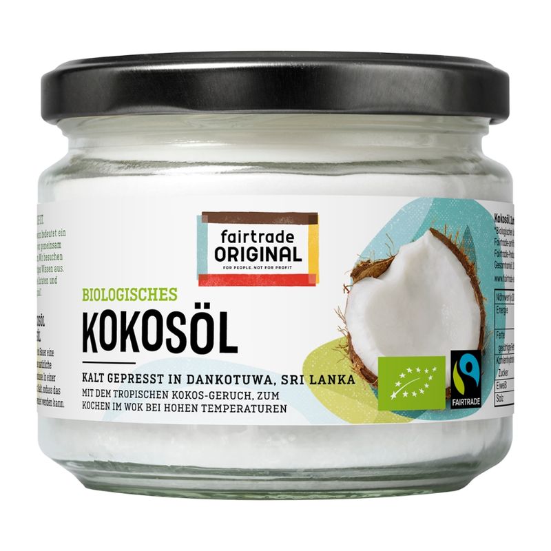Fairtrade Original Biologisches Kokosöl, 300ml, Fairtrade. Kalt gepresst in Dankotuwa, Sri Lanka. Mit dem tropischen Kokos-Geruch, zum Kochen im Wok bei hohen Temperaturen. - Produktbild