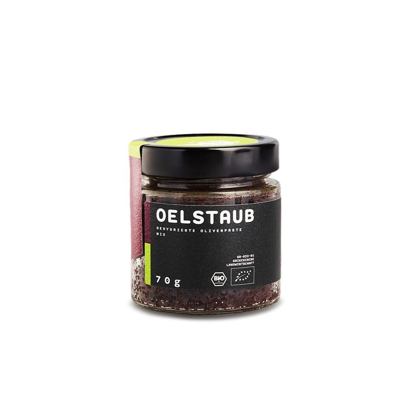 OEL  OELSTAUB Mix - getrocknete grüne und Kalamata Oliven*, Natives Olivenöl*, Meersalz, Oregano*, Thymian*, Rosmarin* - Produktbild