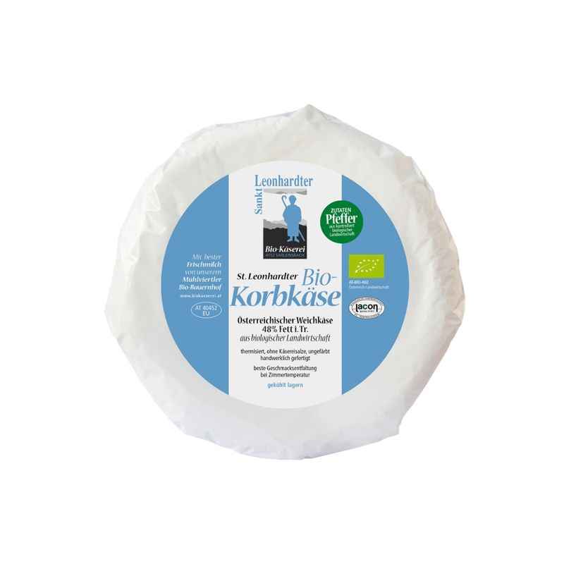 Biokäserei St. Leonhard St. Leonhardter Korbkäse  grüner Pfeffer, Weichkäse aus dem Mühlviertel - Produktbild