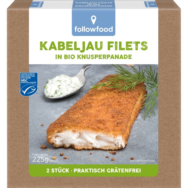 followfood Kabeljau Filets in Bio Knusperpanade, Kabeljau in Bio-Knusperpanade, praktisch grätenfrei, aus Blöcken geschnitten, tiefgekühlt. - Produktbild