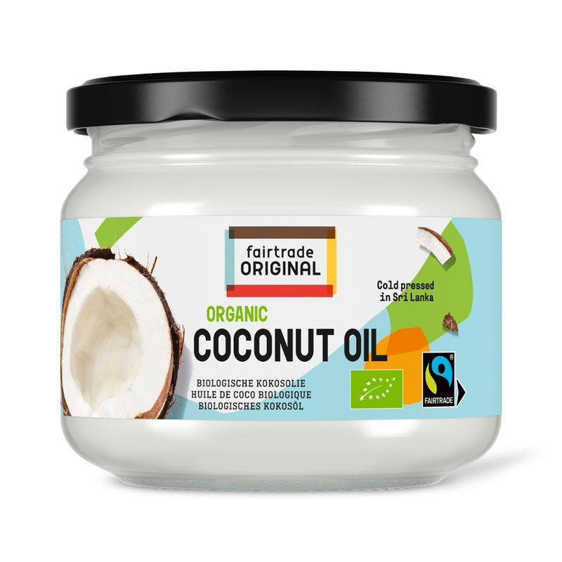 Fairtrade Original Biologisches Kokosöl, 300ml, Fairtrade. Kalt gepresst in Dankotuwa, Sri Lanka. Mit dem tropischen Kokos-Geruch, zum Kochen im Wok bei hohen Temperaturen. - Produktbild