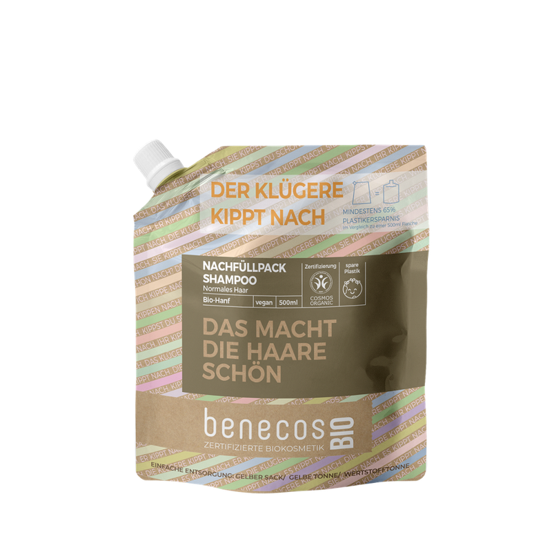 benecos benecosBIO Nachfüllbeutel 500 ml Shampoo Normales Haar BIO-Hanf - DAS MACHT DIE HAARE SCHÖN - Produktbild