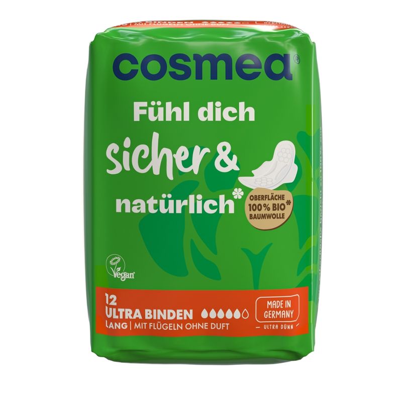 COSMEA®  cosmea® Ultra Binden Bio Baumwoll-Oberfläche Lang mit Flügeln, ohne Duft, 12 Stück - Produktbild