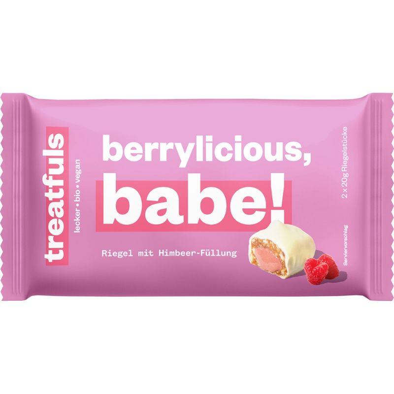 treatfuls BIO-RIEGEL MIT MANDEL, MIT CASHEW-HIMBEER FÜLLUNG UND WEIßEM KAKAOBUTTERHALTIGEM ÜBERZUG. MIT SÜßUNGSMITTEL (2X20G). - Produktbild