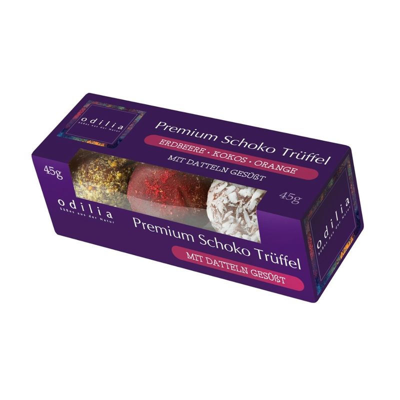 odilia Bio Premium Schoko Trüffel Erdbeere, Orang und Kokos Vegan, Glutenfrei - Produktbild