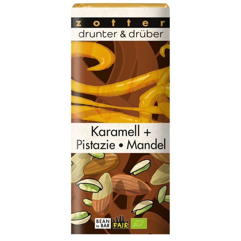Zotter Schokolade drunter & drüber Karamell + Pistazie · Mandel - Produktbild