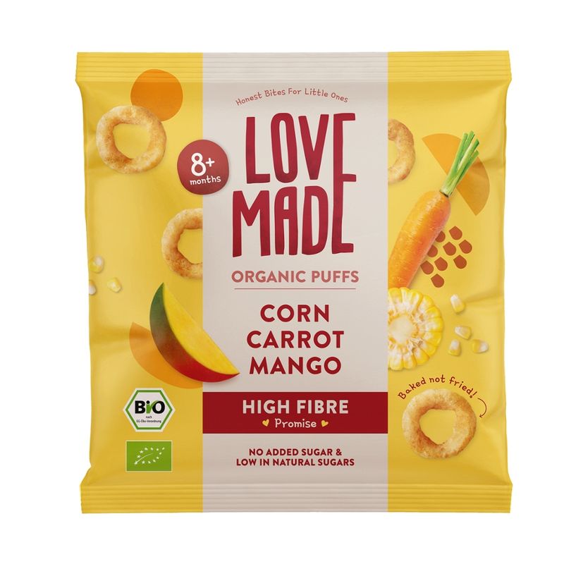 LoveMade Organics Gepuffter Bio-Babysnack aus Mais mit Karotte und Mango, ab 8 Monaten - Produktbild