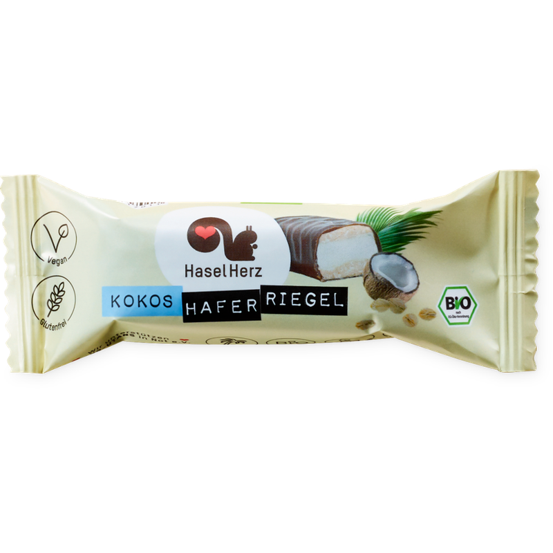 HaselHerz Veganer Bio-Kokos-Haferriegel mit Schokoladenüberzug - Produktbild