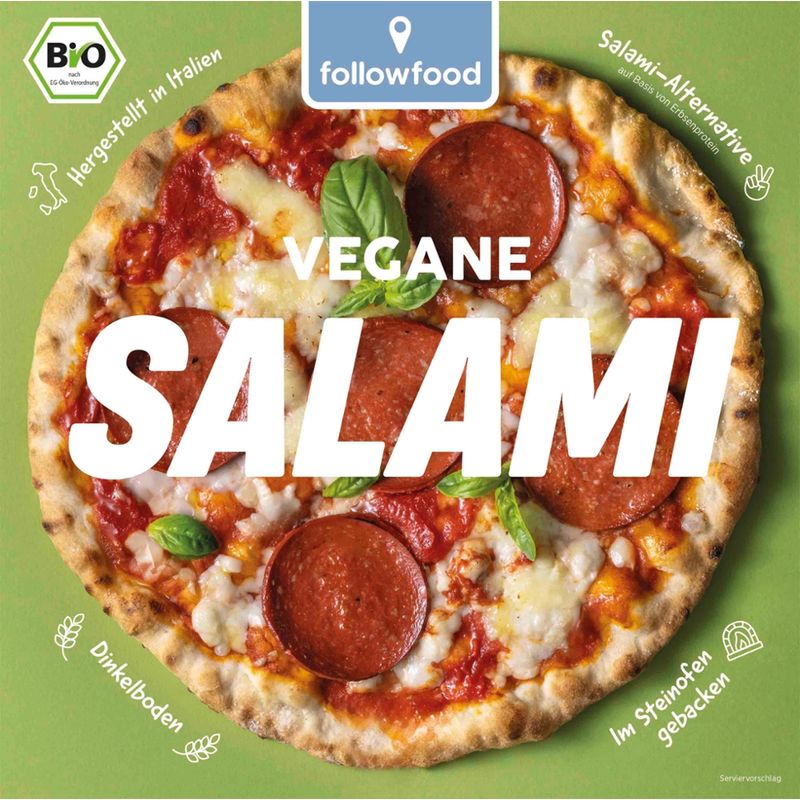 followfood Bio Pizza Salami vegan, mit Dinkelboden, Salami-Alternative auf Basis von Erbsenprotein - Produktbild